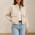 Jaqueta Bomber Feminina com Decote V e Bolsos - Manga Longa, Chique e Versátil para Inverno