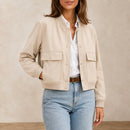 Jaqueta Bomber Feminina com Decote V e Bolsos - Manga Longa, Chique e Versátil para Inverno