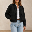 Jaqueta Bomber Feminina com Decote V e Bolsos - Manga Longa, Chique e Versátil para Inverno