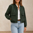 Jaqueta Bomber Feminina com Decote V e Bolsos - Manga Longa, Chique e Versátil para Inverno