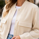 Jaqueta Bomber Feminina com Decote V e Bolsos - Manga Longa, Chique e Versátil para Inverno