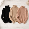 Kit 3 Blusas Tricot Feminina Gola Alta Canelada - Básica e Versátil para Inverno